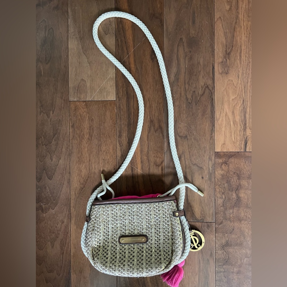 Juicy Couture Devon Palm Springs gold and pink draw string crossbody purse bag